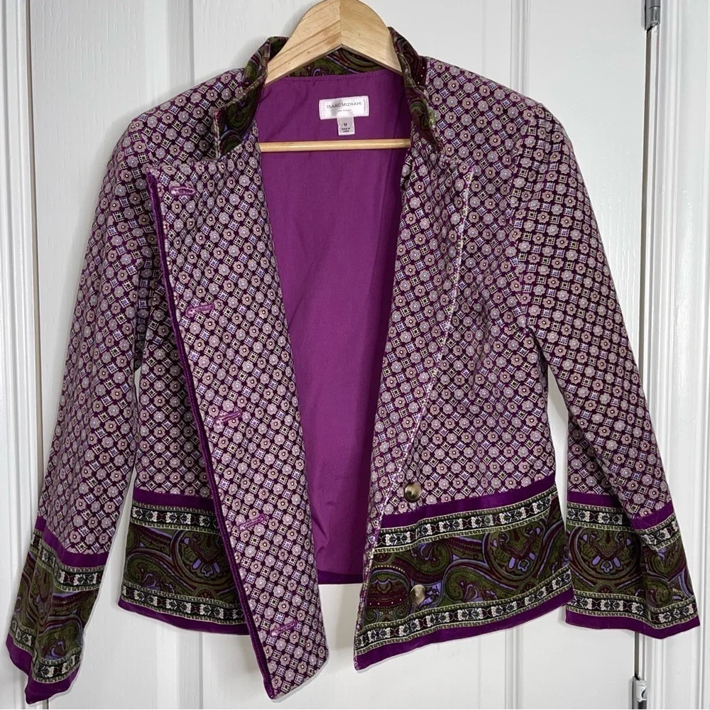 Isaac Mizrahi Artisan Velvet Paisley Jacket in Purple and Olive Size Medium - Picture 3 of 10